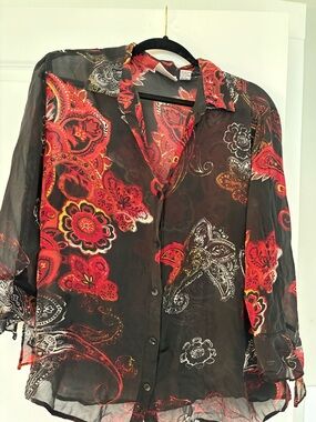 Vintage Chico’s Design 100% Silk Paisley Blouse Size 3 XL Boho Sheer